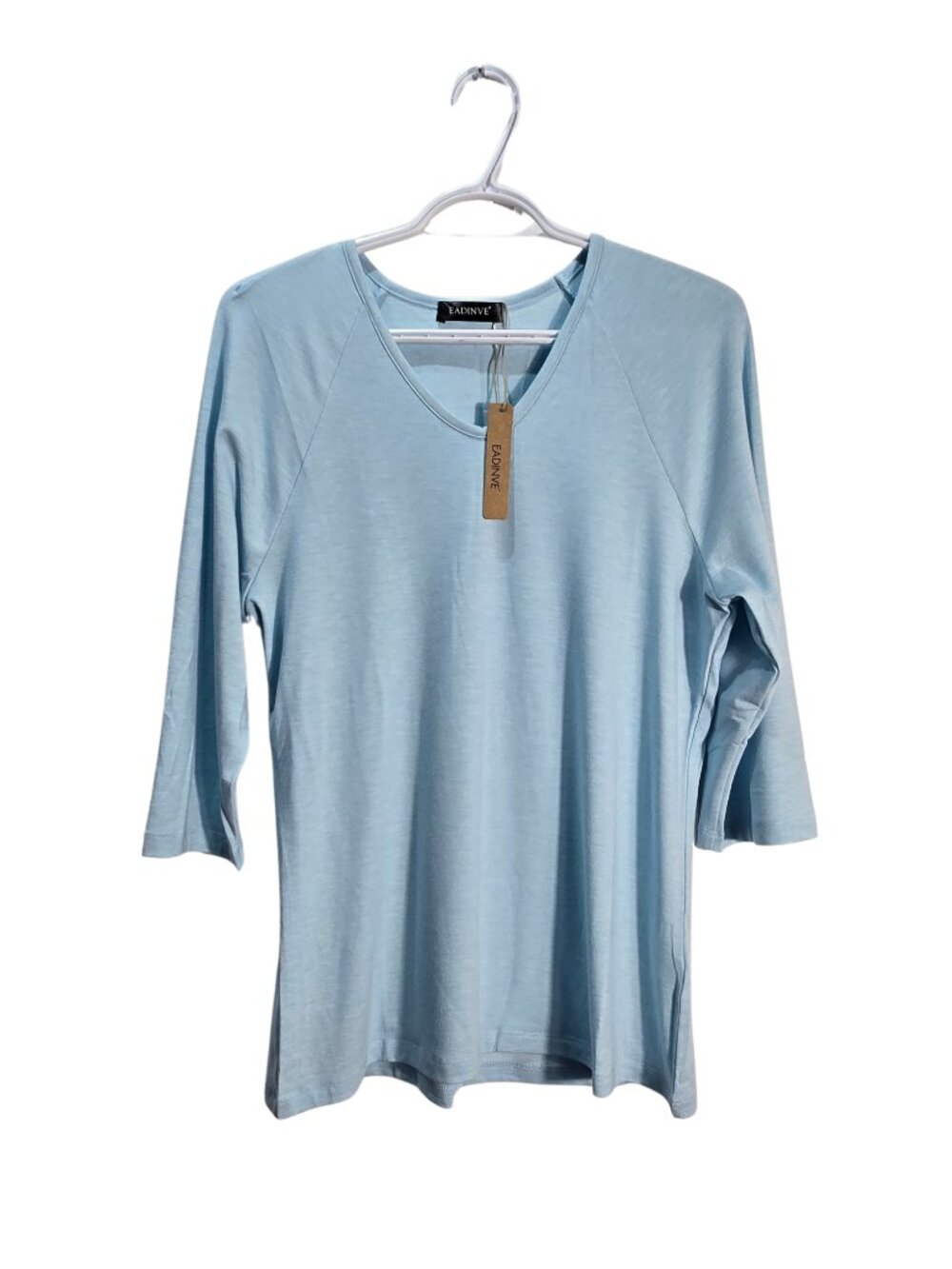 NWT | EADINVE Sky Blue 3/4 Raglan Sleeve V-Neck Casual Basic Tee | Medium - Picture 2 of 6